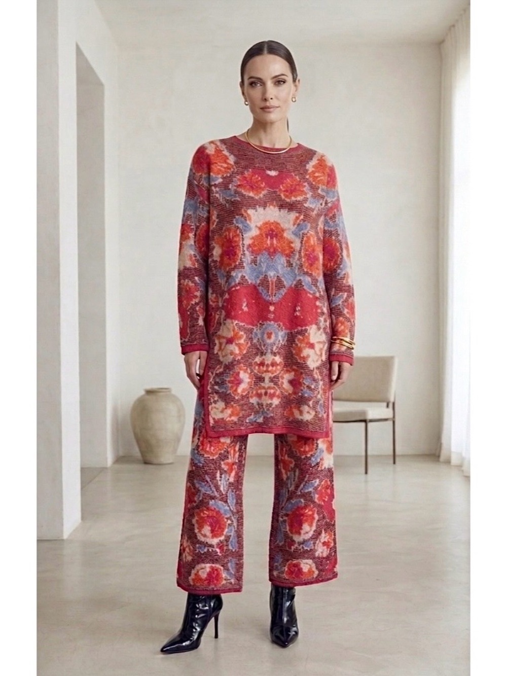 New 2 pc ZARA FLORAL JACQUARD KNIT TUNIC SWEATER Size Small
